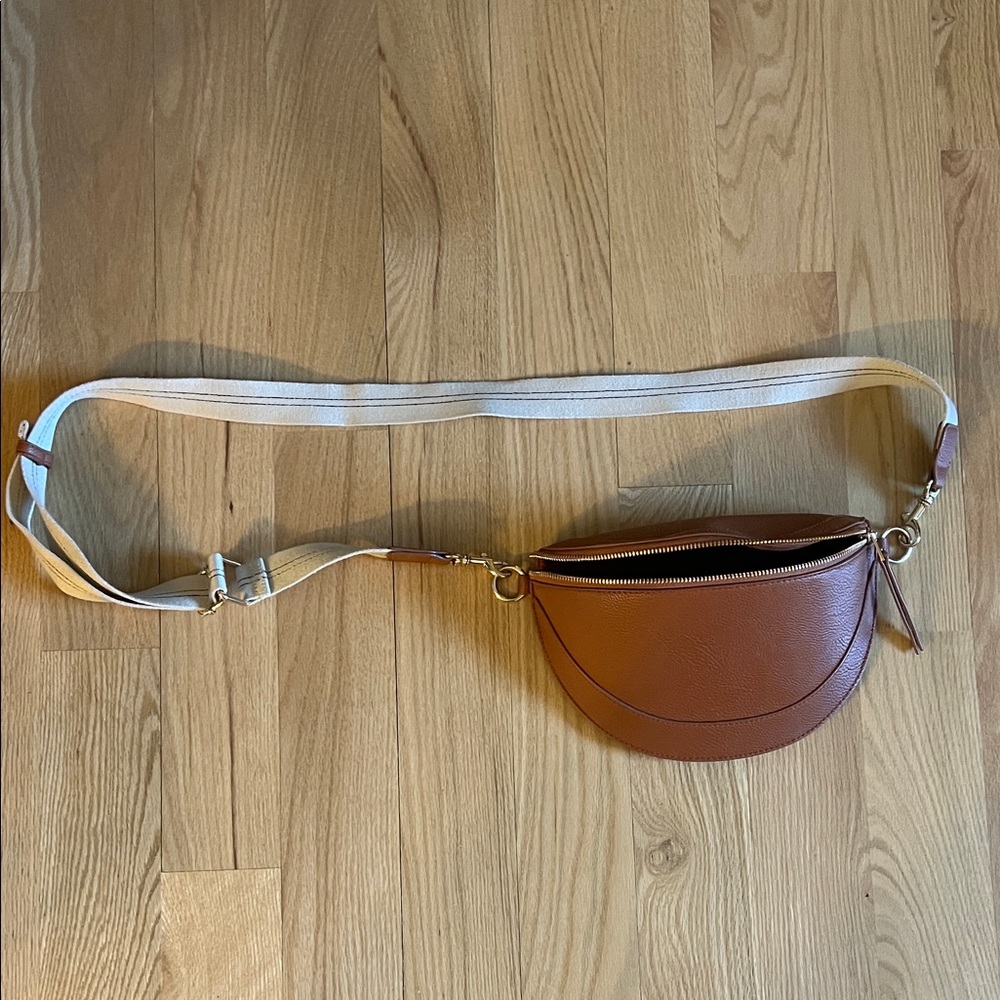Tan Brown Leather Belt Bag with Cream Strap